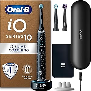 Oral-B iO10 Electric Toothbrush Adults, 1 Handle, 3 Toothbrush Heads, Charging Travel Case, Toothbrush Head Holder, 7 Modes, 2 Pin UK Plug, Cosmic Black, Oral B IO Toothbrush