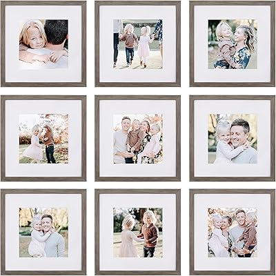 Sheffield Home 9 Piece Gallery Wall Frame Set, 12x12 Inch, Matted to 8x8 Inch, Natural