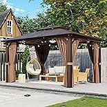 Aoxun 10'x13' Hardtop Gazebo, Aluminum Frame Permanent Pavilion with Curtains and Netting, Outdoor Polycarbonate Gazebo, Double Roof Canopy, for Gardens, Patios, Lawns