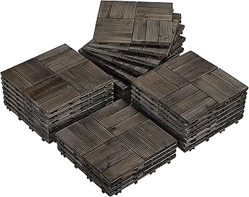 Image of Yaheetech 27 Pack Patio Tiles 12 x 12'' Decking Tiles for Balcony and Outdoor, Solid Wood Interlocking Flooring Tiles for Garden Poolside Front/Back Yard, Black