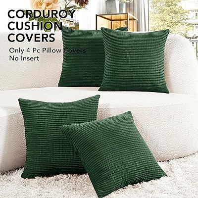 Deconovo Throw Pillow Covers, Pillow Covers 18x18, Throw Pillows, Set of 4, Dark Green Corduroy Decorative Sofa Couch Bed Bedroom Living Room Pillowcases, Home Decor Machine Washable Cushion Cover