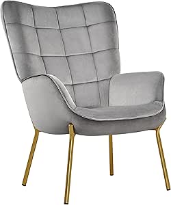 Yaheetech Velvet Fabric Accent Chair, Vanity Chair with Golden Metal Legs, Upholstered Living Room Chairs Leisure Tufted Sofa Chairs for Home Office/Bedroom, Light Gray