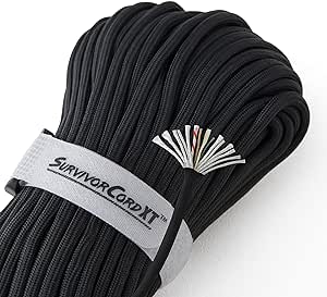 1000 LB SurvivorCord XT - Heavy Duty Paracord, 750 Type IV Military Grade with Kevlar Line, 25 lb Fishing Line, Waterproof Firestarter - Cordage for Camping. Thick Emergency Rope, 100 FT, Black