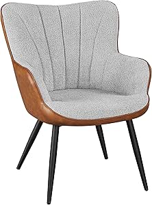 Yaheetech Accent Chair, Modern Fuzzy Boucle Fabric and Faux Leather Armchair, Upholstered Vanity Chair with High Curved Back and Metal Legs for Living Room Makeup Bedroom, Gray/Retro Brown