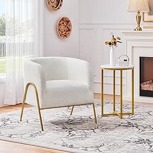 Yaheetech Accent Chair, Modern Barrel Chair, Boucle Fabric Vanity Chair with Golden Legs, Cozy Fuzzy Armchair for Living Room Makeup Room Bedroom Reading Nook Ivory