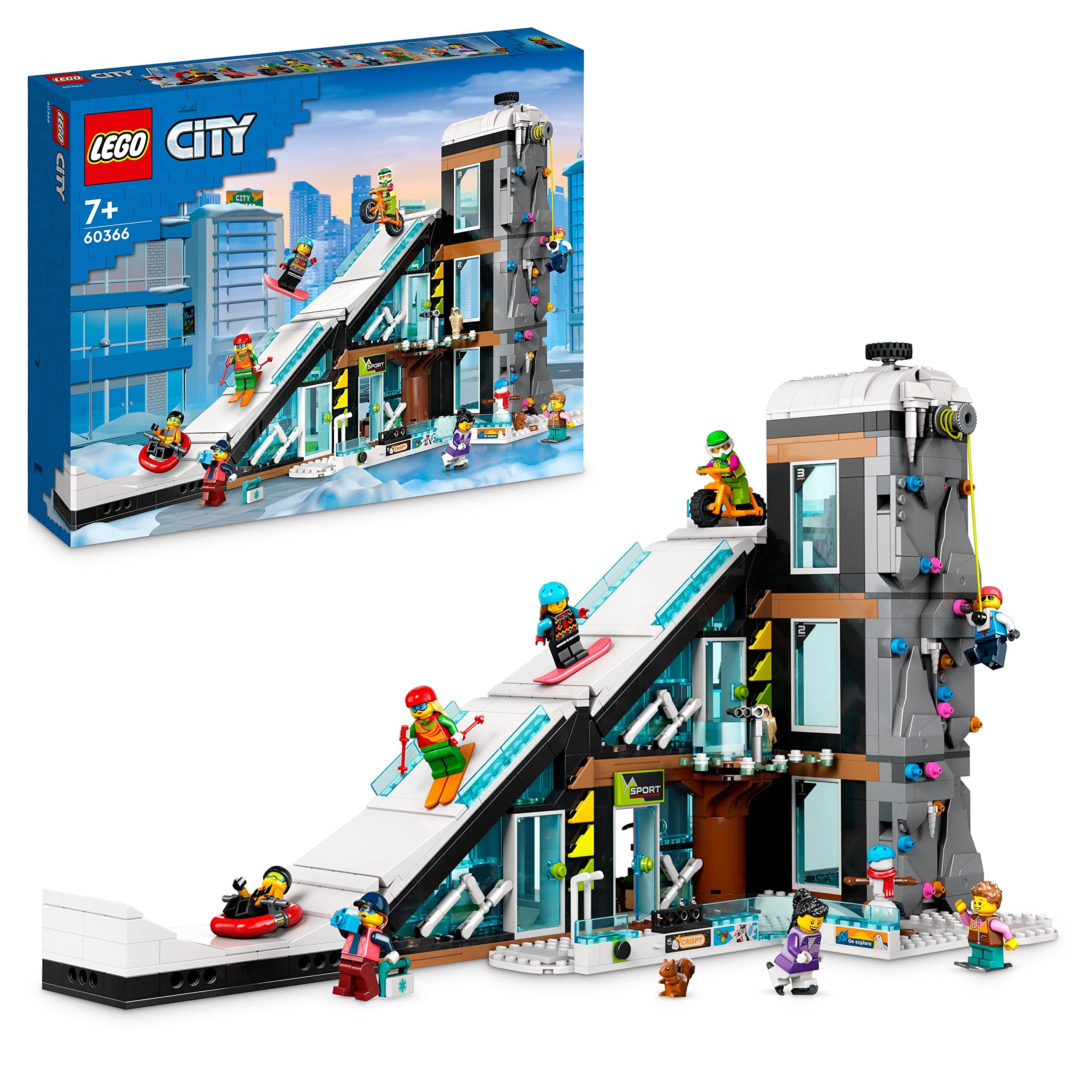 LEGO City Ski and Climbing Centre Set, 3-Level Modular Building with Slope, Winter Sports Shop, Café, Ski Lift and 8 Minifigures, Gift Toys for Kids, Boys, Girls 7+ Years Old 60366