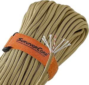 620 LB SurvivorCord Hank, Paracord 550 Type III, Military Grade, Heavy Duty Paracord with 3 Survival Strands, Cordage for Camping, with Survival Firestarter.