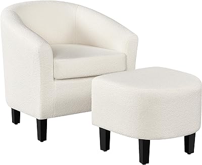 Yaheetech Accent Chair and Ottoman Set, Modern Fuzzy Sherpa Barrel Chair and Footrest, Comfy Boucle Armchair and Footstool for Living Room/Bedroom/Reading Room/Guestroom, Ivory