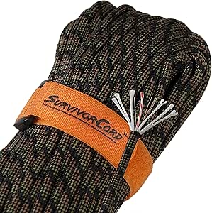 620 LB SurvivorCord Hank, Paracord 550 Type III, Military Grade, Heavy Duty Paracord with 3 Survival Strands, Cordage for Camping, with Survival Firestarter.