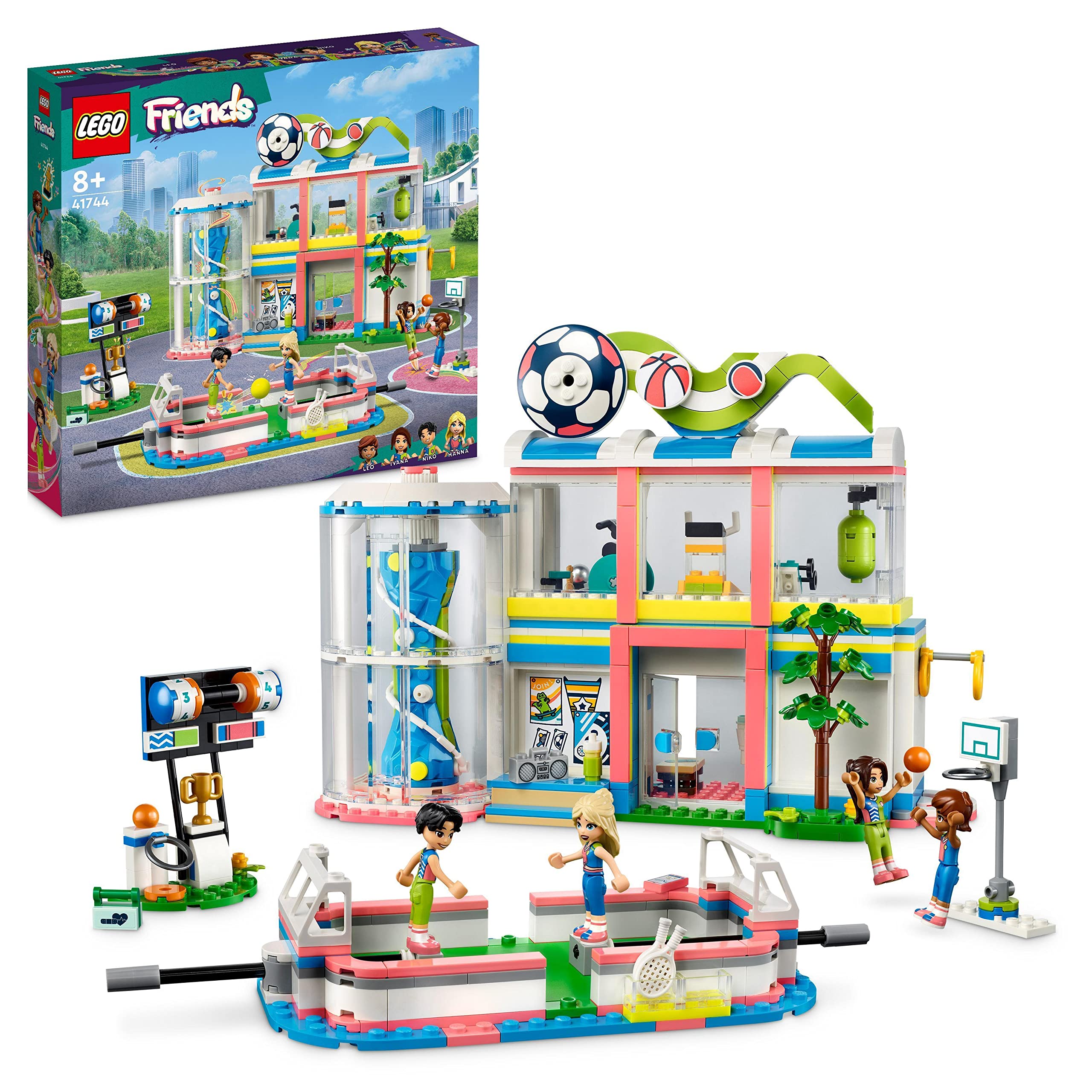 LEGO Friends Sports Centre Building Toy with Football, Basketball and Tennis Games To Play plus Climbing Wall and 4 Mini-Dolls, Heartlake City Gift for Kids Age 8 Plus 41744