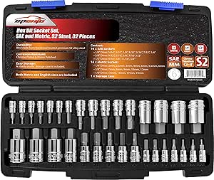 EPAuto 32 PCs Hex Bit Socket Set, SAE and Metric, S2 &amp; Cr-V Steel