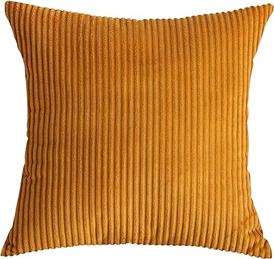 TangDepot, Set of 2 Solid Velvet Striped Corduroy Decorative Throw Pillow Covers, Square Pillow Covers - (18"x18" 2 Pieces, A50 Light Brown)
