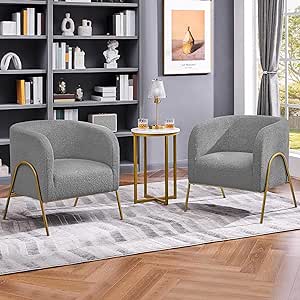 Yaheetech Accent Chair, Modern Barrel Chair, Boucle Fabric Vanity Chair with Golden Legs, Cozy Fuzzy Armchair for Living Room Makeup Room Bedroom Reading Nook, Gray, 2pcs