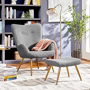 Yaheetech Accent Chair and Ottoman Set, Sherpa Armchair with Golden Metal Legs and High Back, Footstool for Living Room, Lounge, Gray