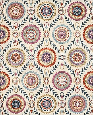 SAFAVIEH Suzani Collection Area Rug - 6' x 9', Ivory & Multi, Hand-Hooked Boho Wool, Ideal for High Traffic Areas in Living Room, Bedroom (SZN374B)
