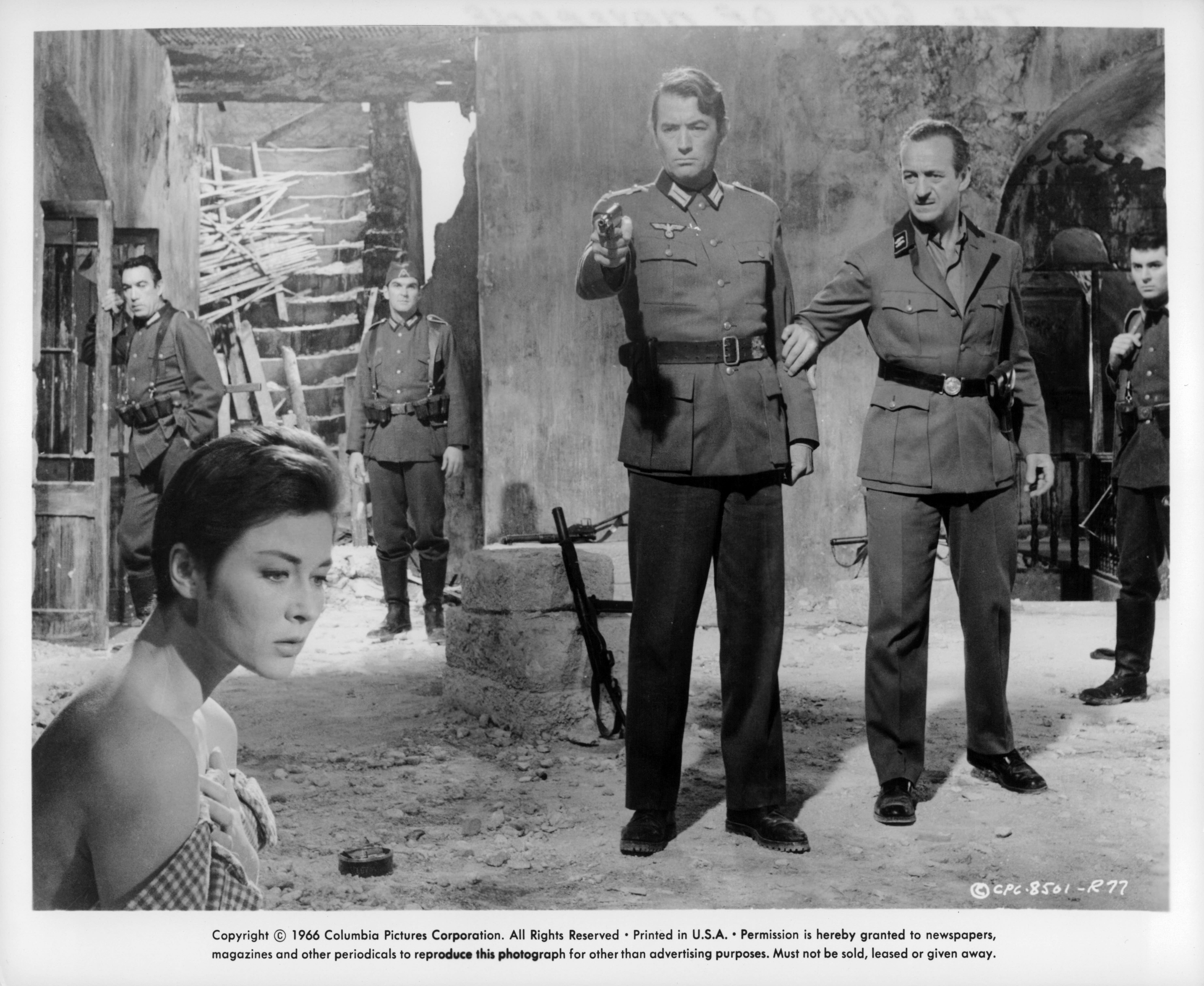 David Niven, Gregory Peck, Anthony Quinn, Stanley Baker, James Darren, and Gia Scala in The Guns of Navarone (1961)