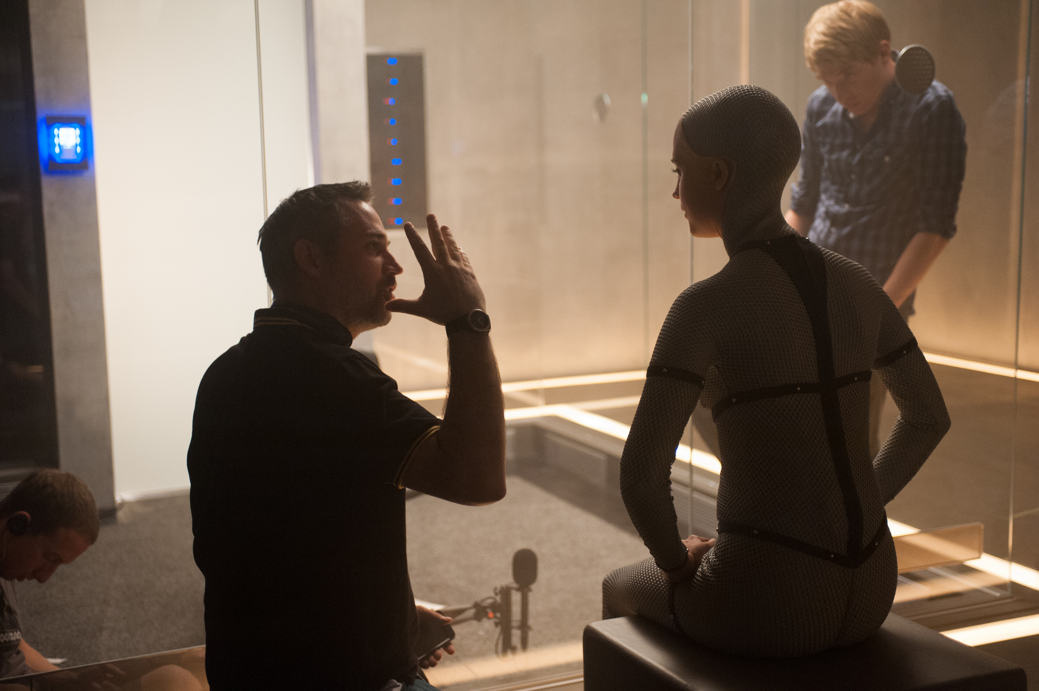 Alex Garland, Domhnall Gleeson, and Alicia Vikander in Ex Machina (2014)