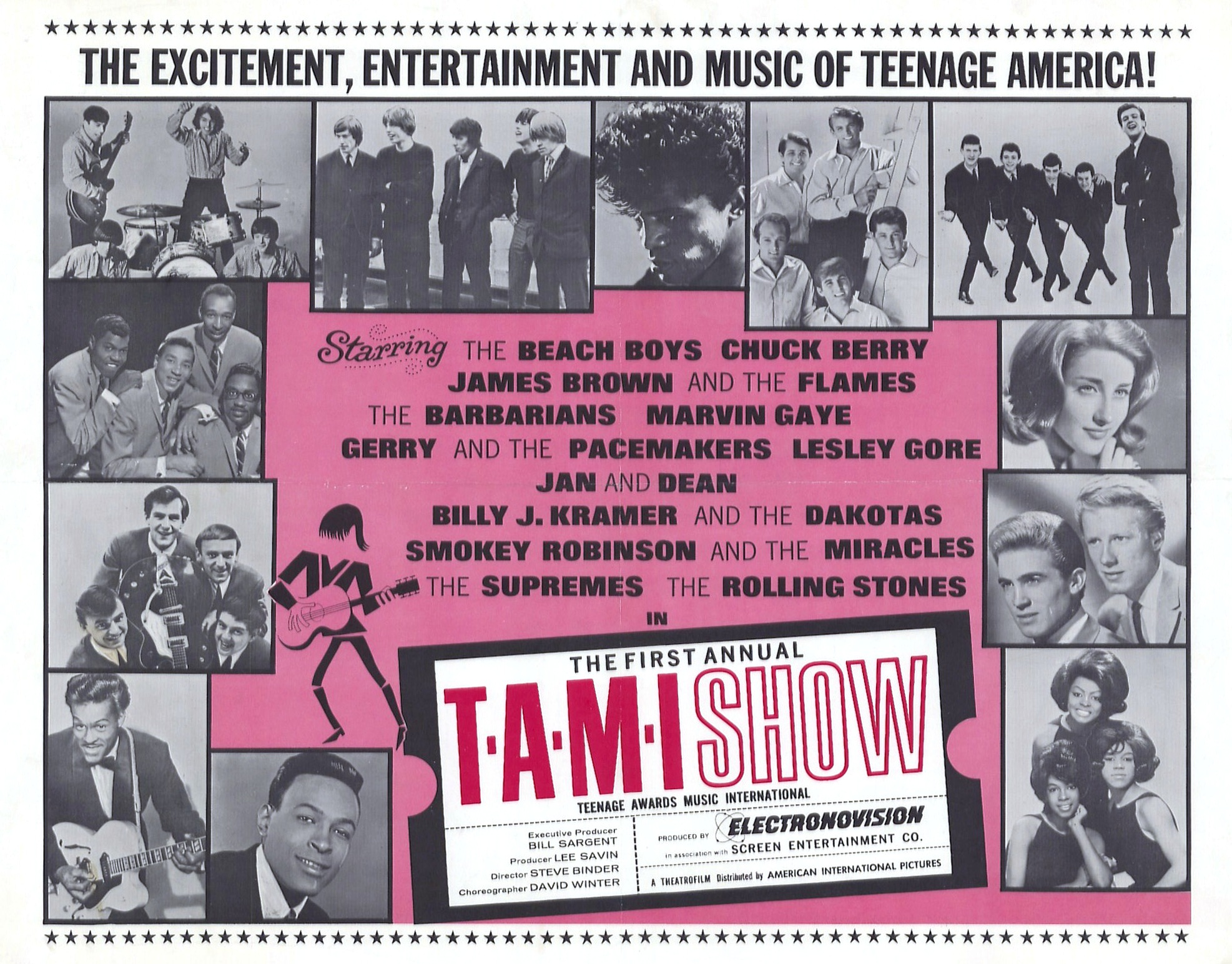 Chuck Berry, James Brown, Marvin Gaye, Lesley Gore, The Supremes, The Barbarians, The Rolling Stones, The Beach Boys, Billy J. Kramer and the Dakotas, Gerry and the Pacemakers, Jan & Dean, The Famous Flames, and Smokey Robinson & The Miracles in The T.A.M.I. Show (1964)