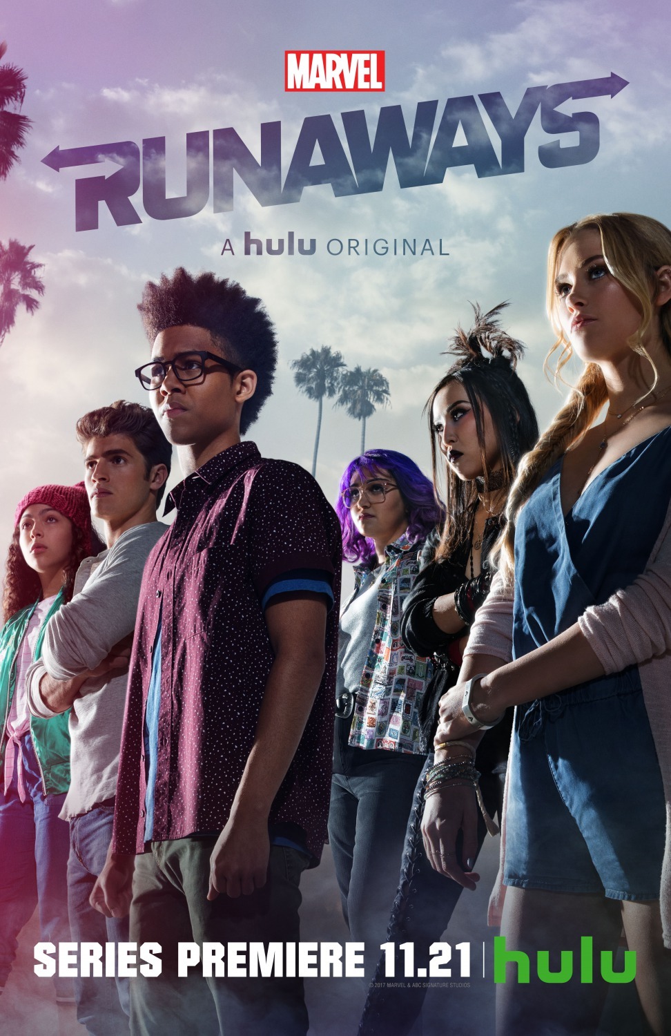 Gregg Sulkin, Ariela Barer, Lyrica Okano, Virginia Gardner, Allegra Acosta, and Rhenzy Feliz in Runaways (2017)