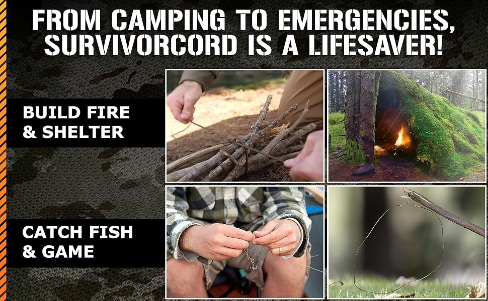 SurvivorCord can be used to build fire and shelter and catch fish and game.