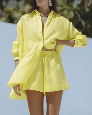 long sleeve button down shorts set for women 2 piece summer outfits