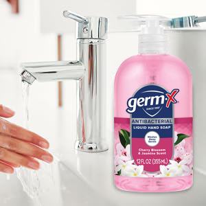 Germ X liquid hand soap with pump wash cleaning bathroom, office, kitchen, school