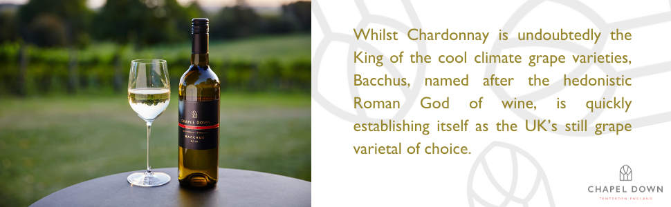 A single bottle of Chapel Down Bacchus white wine with a glass with vineyards in the background. 