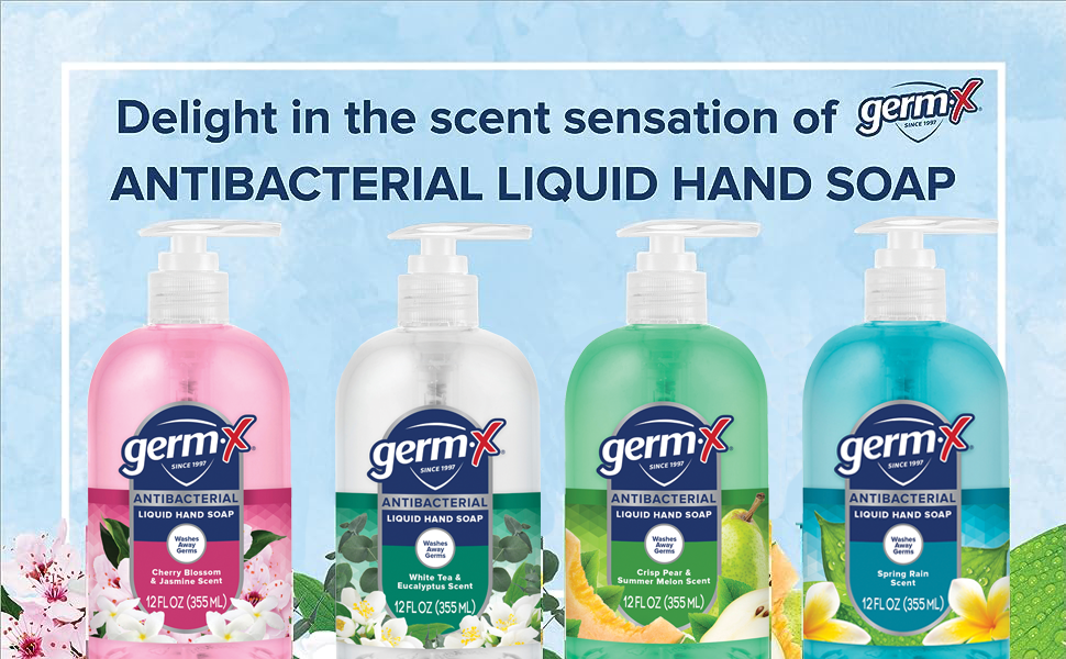 Germ X liquid hand soap with pump wash cleaning bathroom, office, kitchen, schools variety pack