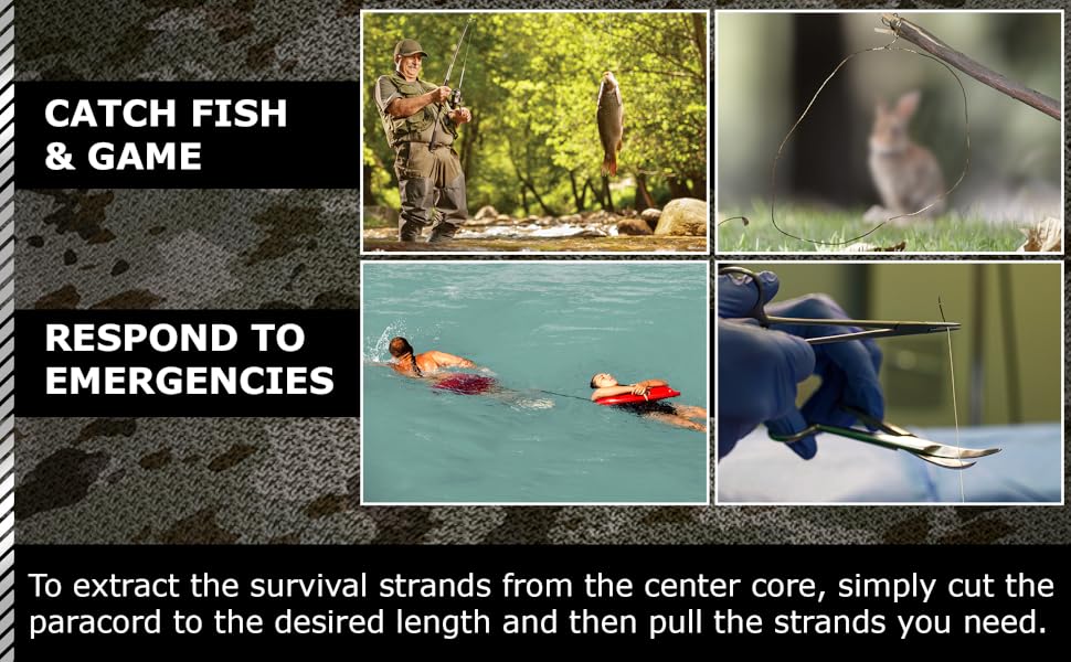 Catch Fish & Game, Respond to Emergencies using SurvivorCord XT as emergency suture, tourniquet
