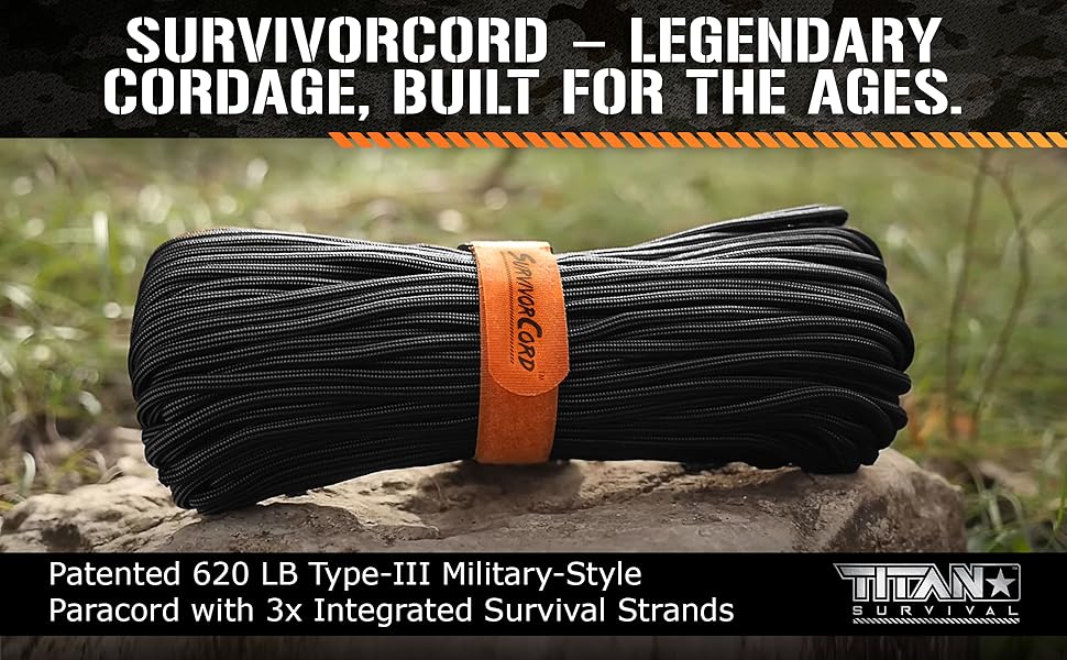 Military Style SurvivorCord Paracord 550 with 3 survival strands, orange fastener included