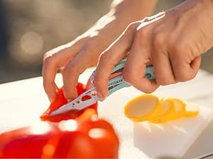 Photo shows person cutting a tomato with the Skeletool CX