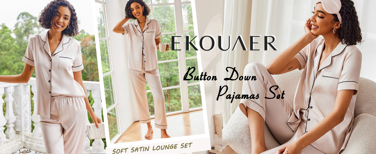 Womens Silk Pajama Set Button Shirts and Pant Short Sleeve Pjs at Home