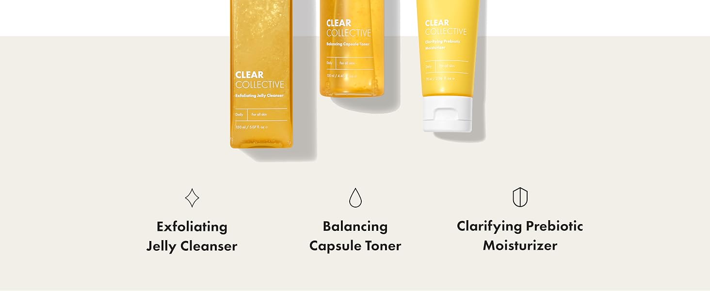 Exfoliating Jelly Cleanser. Balancing Capsule Toner. Clarifying Prebiotic Moisturizer.