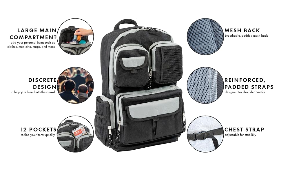 discrete design large compartment pockets mesh padded reinforced chest strap emergency supplies BOB