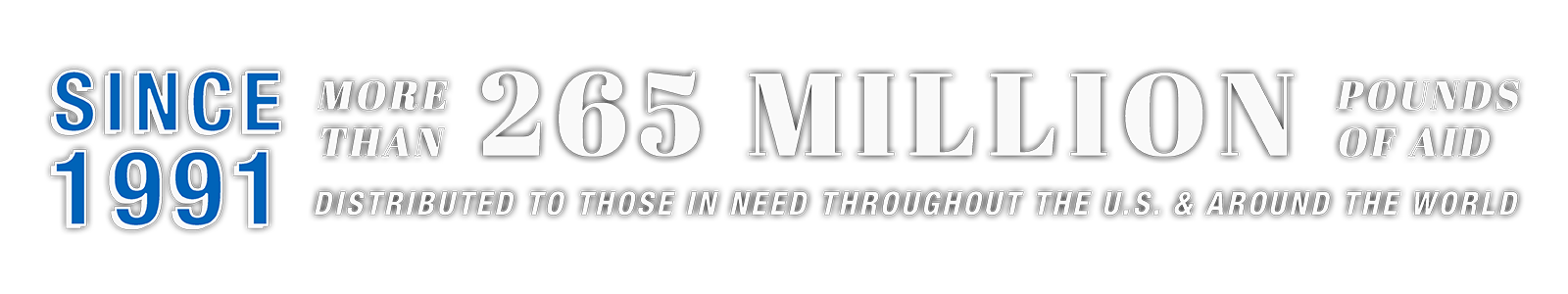 Since 1991 more than 265 million pounds of aid distributed to those in need throughout the U.S. and around the world