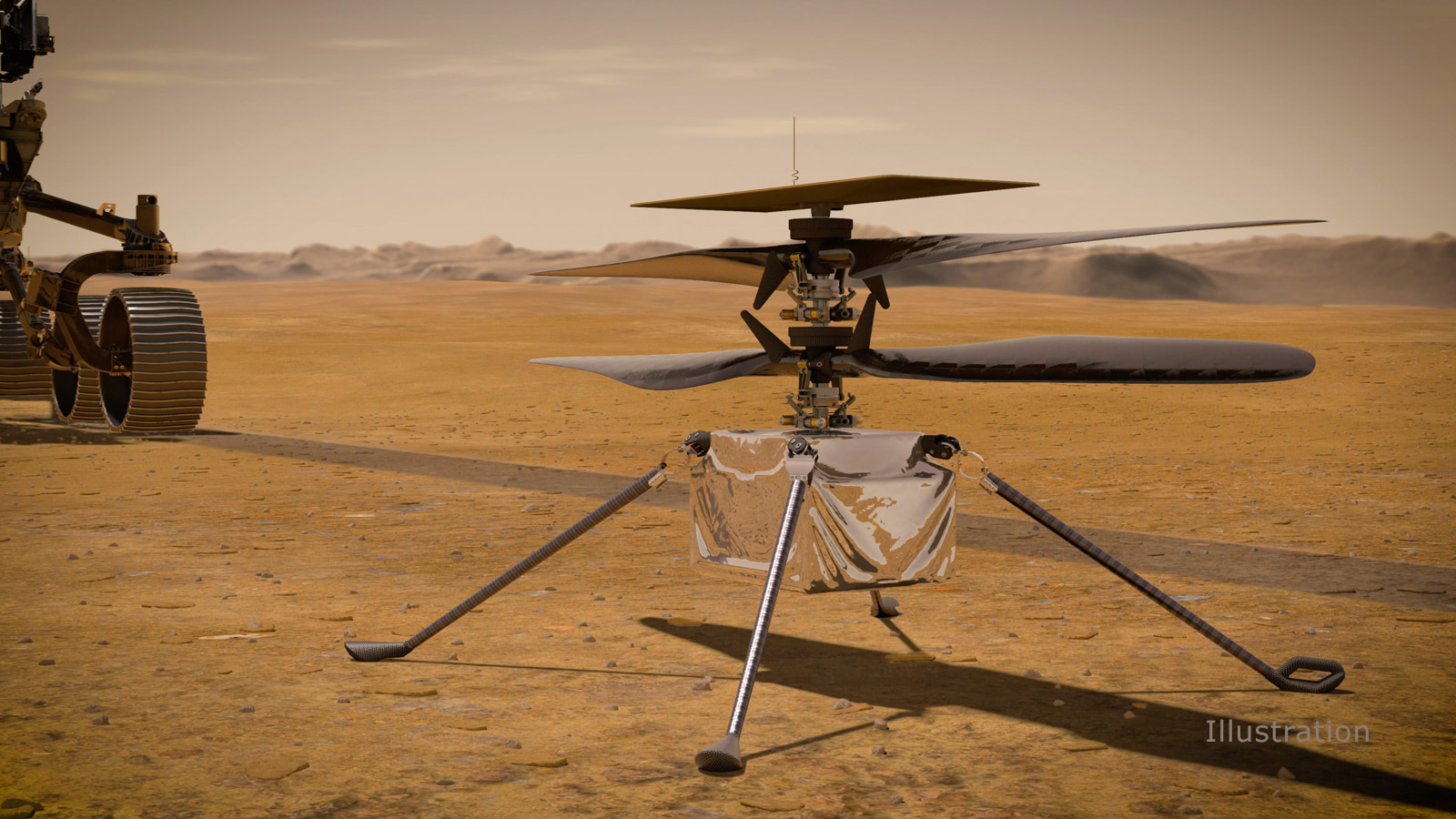 The helicopter with four long blades, a cube-shape body and long skinny legs sites in the forground with the wheels of the rover visible to its right.