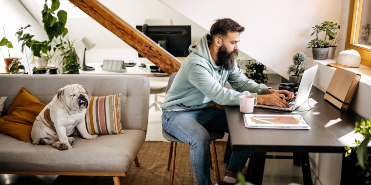 Young bearded man working from home with his dog, in a small space