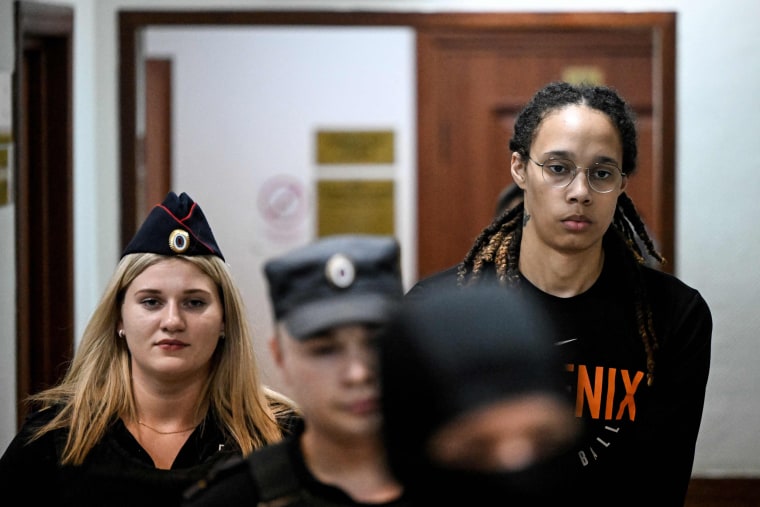 Brittney Griner arrives for a at the Khimki Court outside Moscow on July 27, 2022.