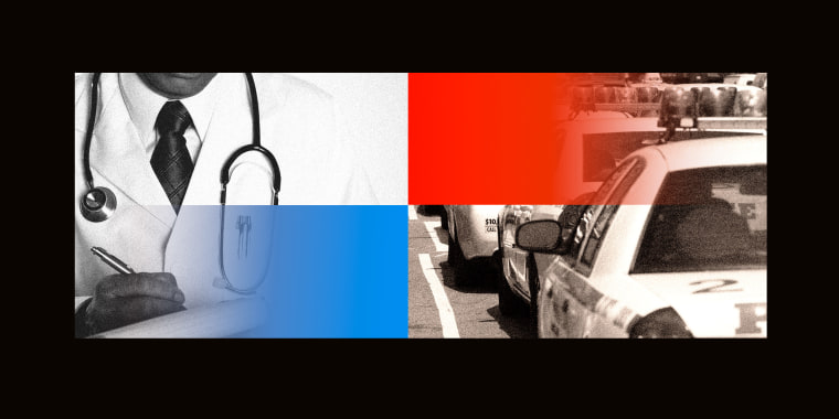 Collage of doctor with stethoscope and police car, overlaid with blue and red gradients 