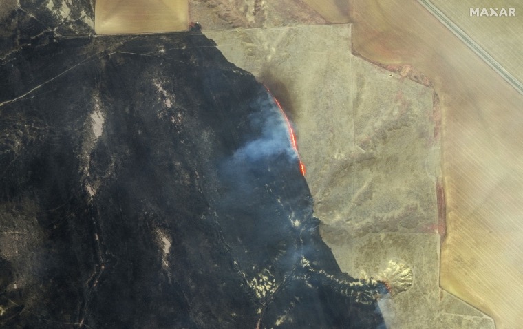 Burned vegetation appears in shades of black/grey and healthy, not burned, vegetation appears in shades of red/pink. A cluster of wildfires is scorching the Texas Panhandle, including a blaze that grew into one of the largest in state history. 