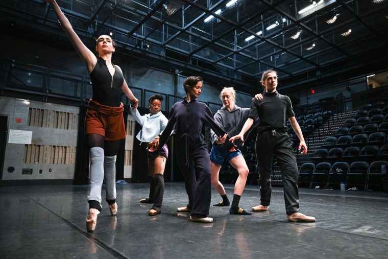 From left, Mia Domini, Lanai Alexis Wilkerson, Annia Hidalgo, Minnie Lane, and Lauren Flower in various dance poses on stage