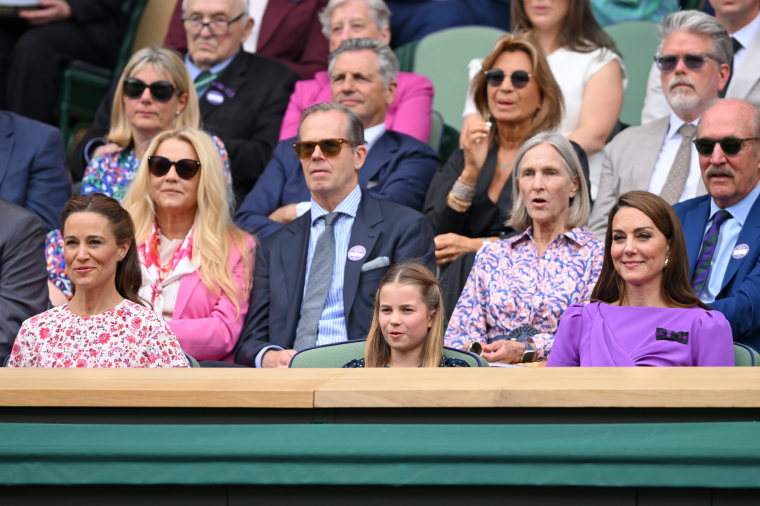 Pippa Middleton, Stefan Edberg, Princess Charlotte of Wales, Marjory Gengler, Catherine Princess of Wales, Christopher McQuarrie and Stan Smith court-side of Centre Court during the men's final on day fourteen of the Wimbledon Tennis Championships at the 