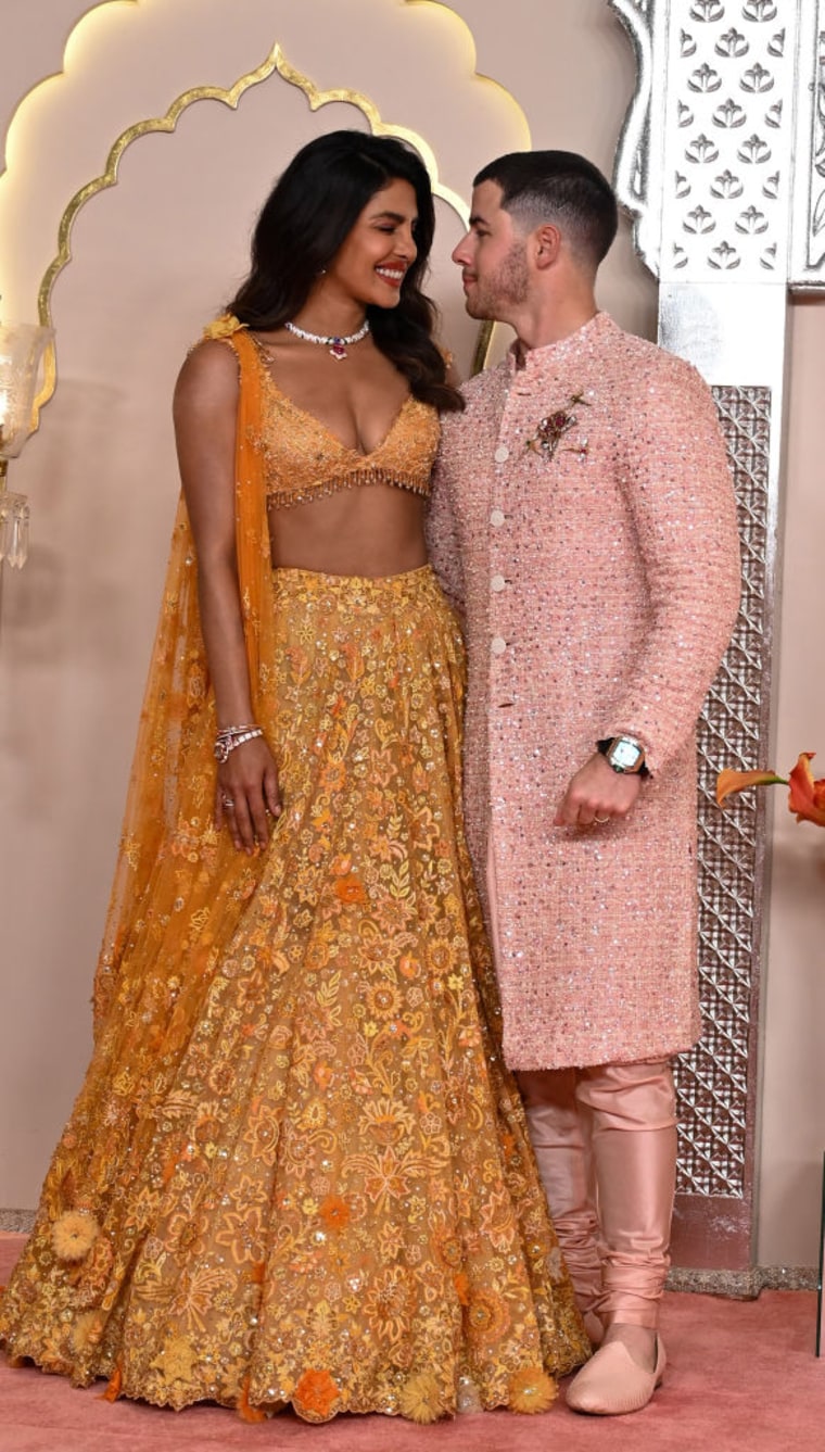 Indian actress Priyanka Chopra and husband Nick Jonas attending the Wedding ceremony of Anant Ambani and Radhika Merchant on July 12.