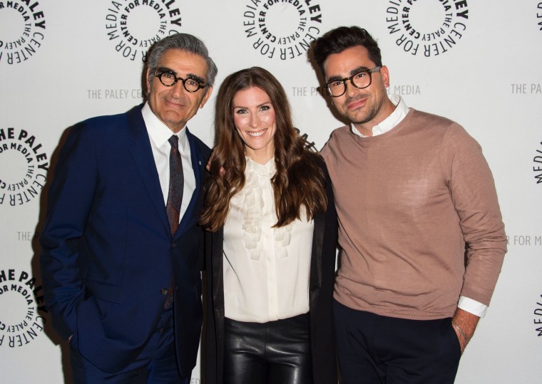 Eugene Levy, Sarah Levy and Daniel Levy attend the PALEYLIVE LA: An Evening With Schitts Creek, at the Paley Center for Media, in Beverly Hills, California, on March 2, 2016.