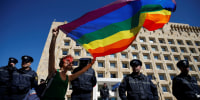 LGBT activist attends a rally against Homophobia and Transphobia in Tbilisi