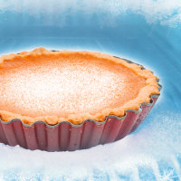 Pumpkin pie within a frozen freezer with snow