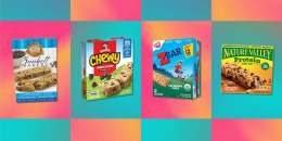 granola bar boxes on colorful background.