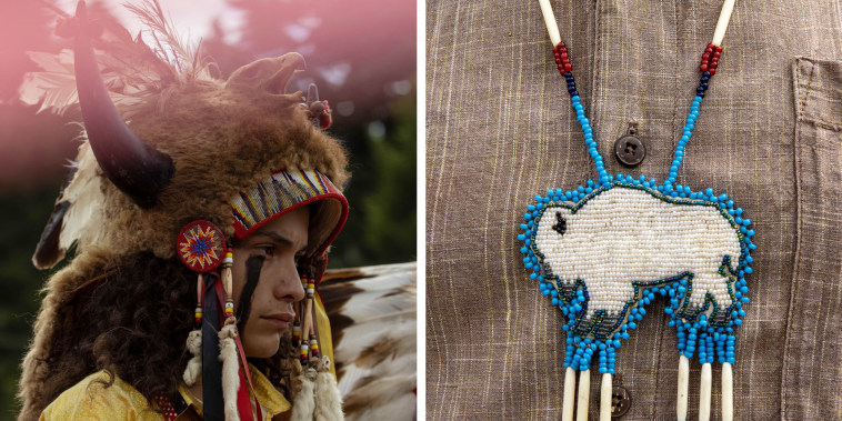 Side by side of Ota Bluehorse  and   a detail shot of a beaded white buffalo