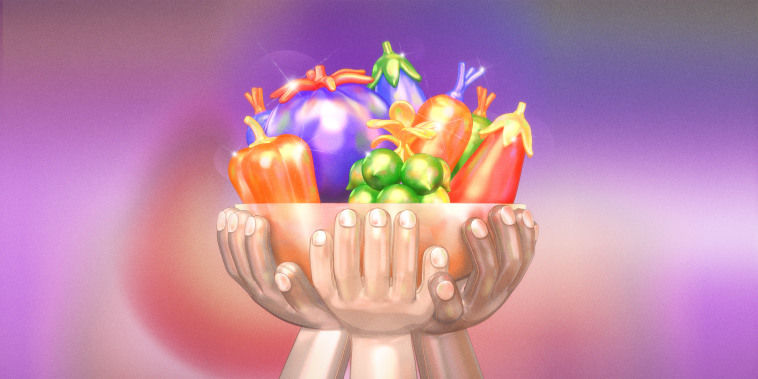 Photo Illustration: Three hands hold up a sparkling bowl of vegetables