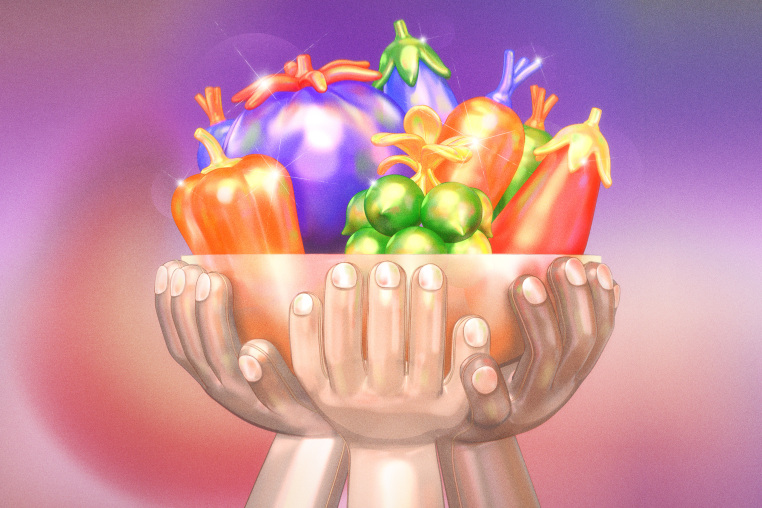 Photo Illustration: Three hands hold up a sparkling bowl of vegetables